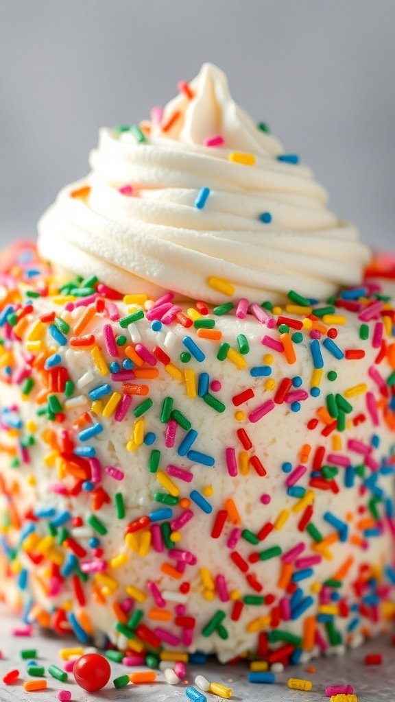 A close-up of a funfetti cake topped with whipped cream and colorful sprinkles.