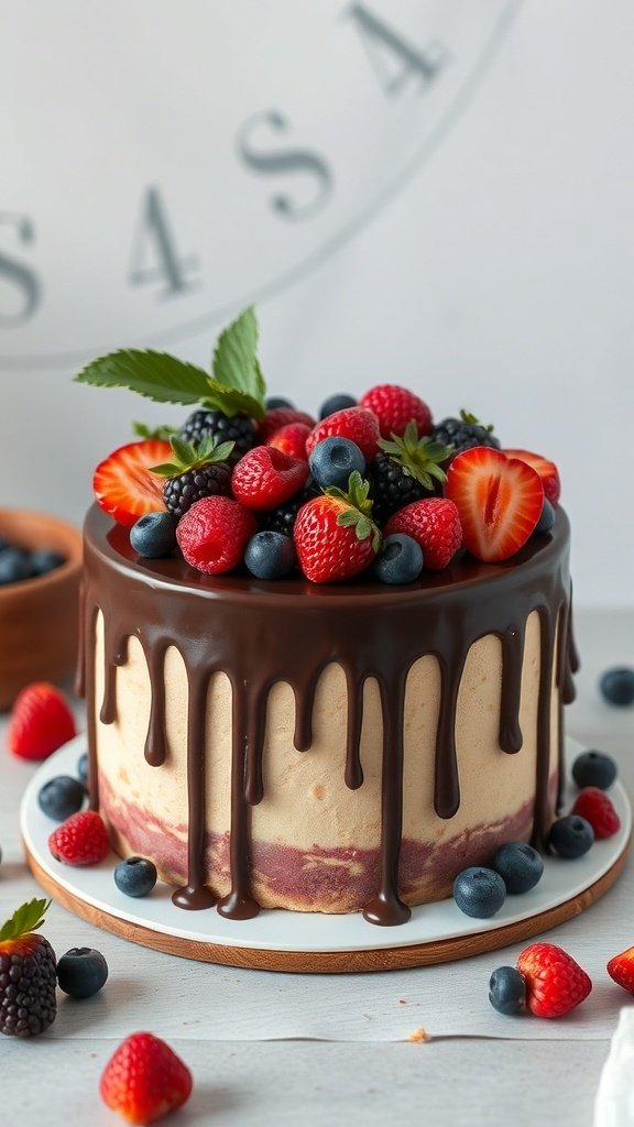 A beautiful drip cake topped with fresh strawberries, blueberries, and blackberries, with chocolate ganache dripping down the sides.
