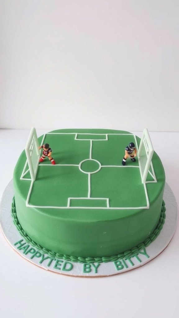 A round cake designed as a soccer field with two player figurines and goalposts.