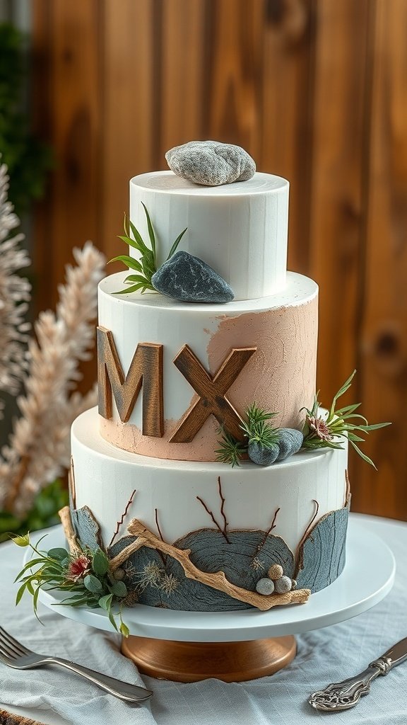 A three-tiered cake with nature-inspired textures, featuring rocks and greenery.