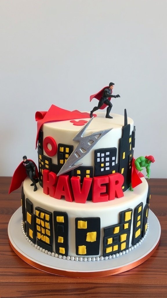 A two-tier superhero cityscape cake with action figures and colorful decorations.