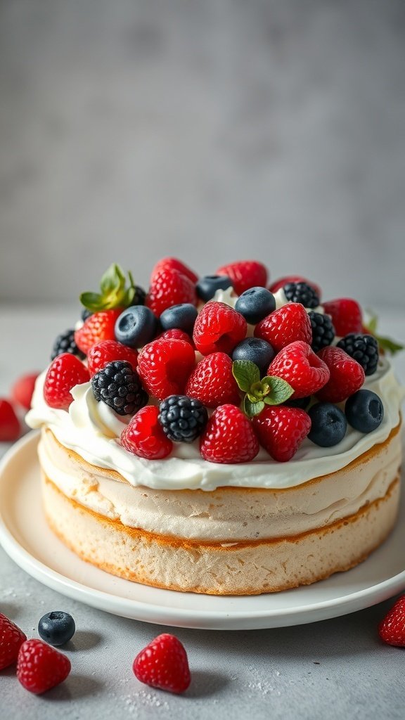 A sponge cake topped with fresh berries including strawberries, blueberries, and blackberries, garnished with mint leaves.