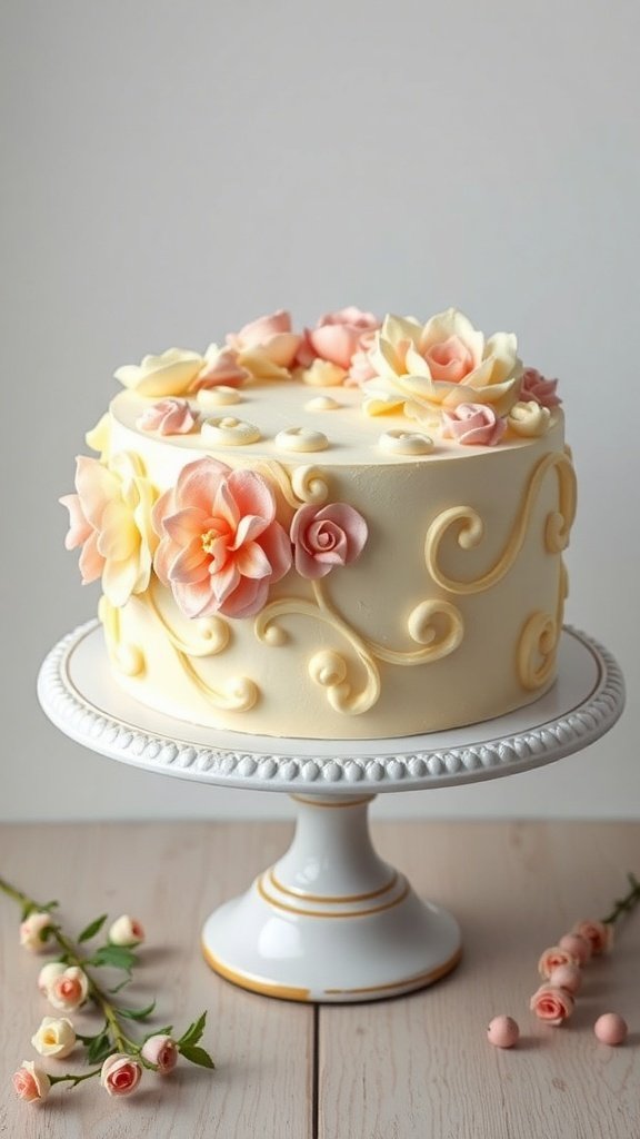 A beautifully decorated cake with pastel floral buttercream designs on a white cake stand.