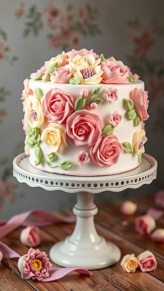 A beautifully decorated floral buttercream cake with pink and yellow roses on a white cake stand.