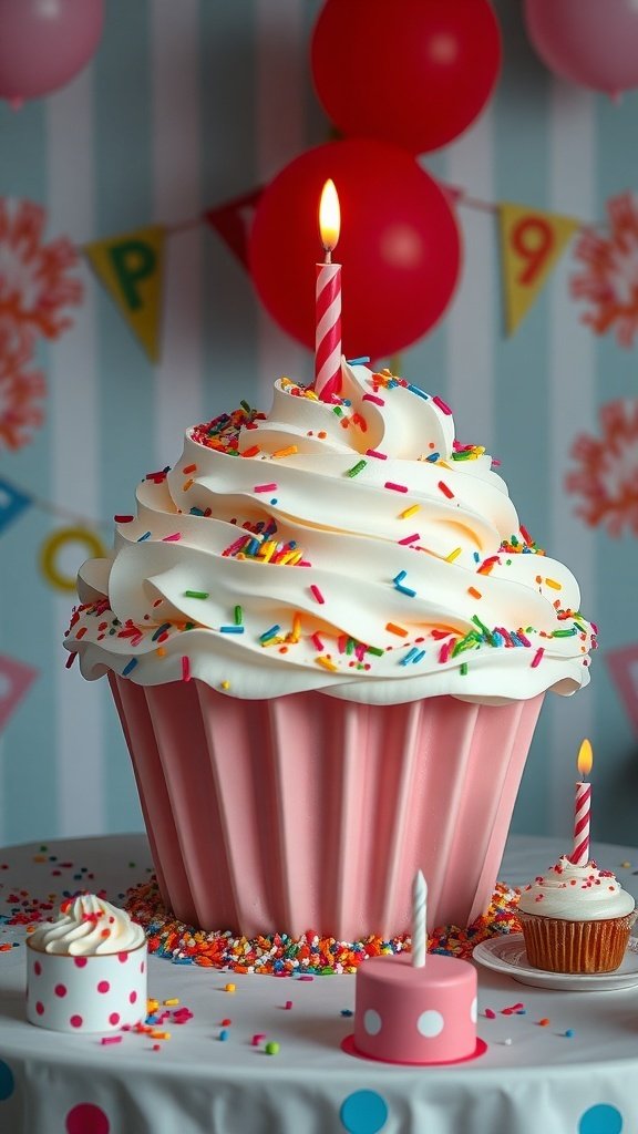 A giant cupcake cake with colorful sprinkles and candles, surrounded by smaller cupcakes and festive decorations.