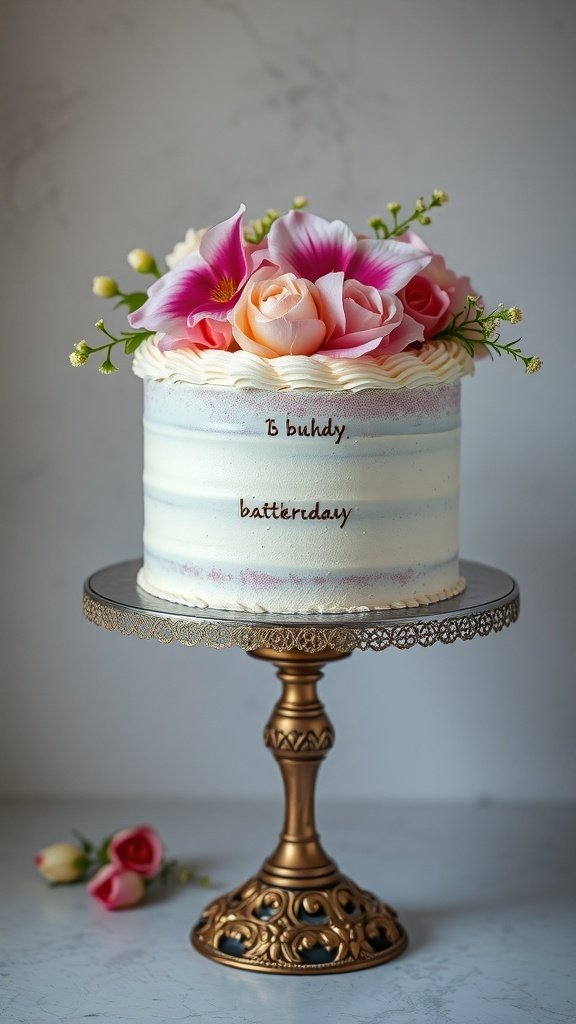 A beautifully decorated birthday cake with pink roses and delicate flowers on top, displayed on an ornate cake stand.