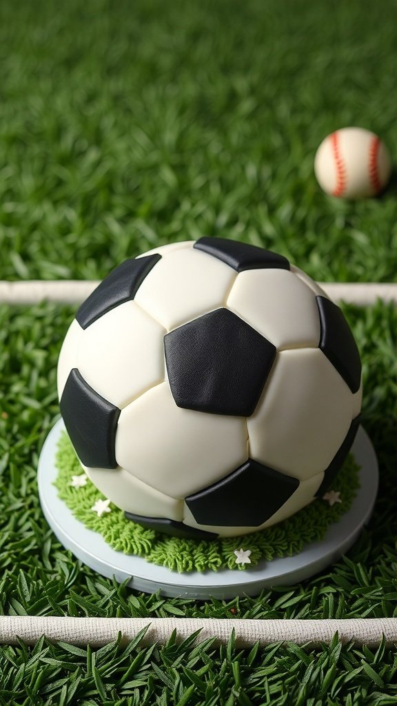 A soccer ball themed birthday cake on a grassy base.
