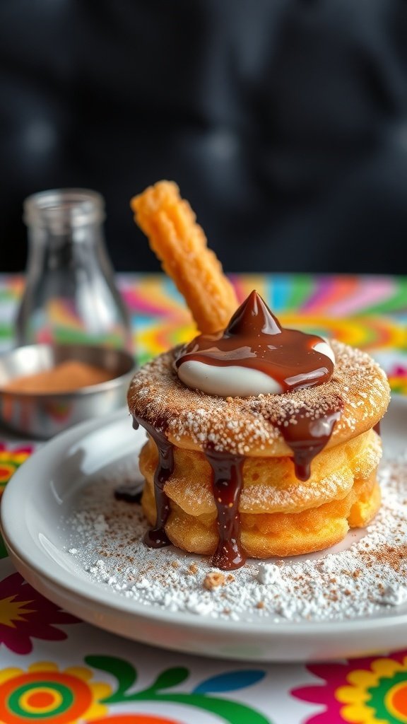 A delicious churro cake topped with chocolate sauce and a churro, served on a colorful plate.