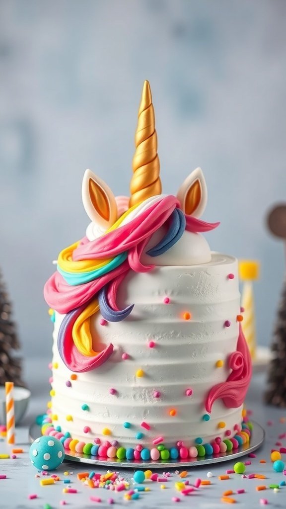 A whimsical unicorn cake with a golden horn and colorful mane, decorated with sprinkles.