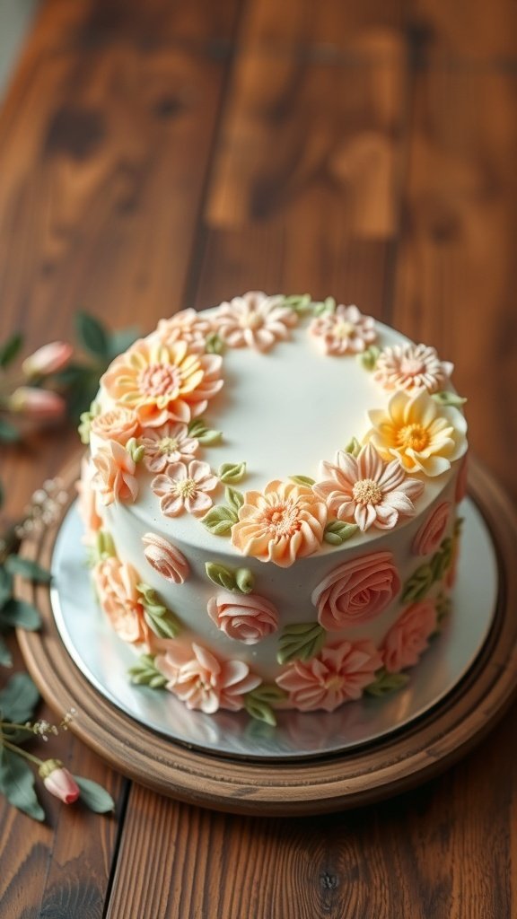 A beautifully decorated floral buttercream cake with pastel flowers on a wooden table.