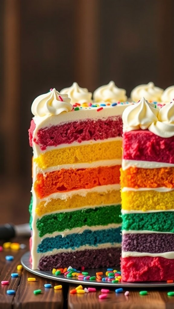 A colorful rainbow layer cake with six vibrant layers and white frosting, decorated with sprinkles.