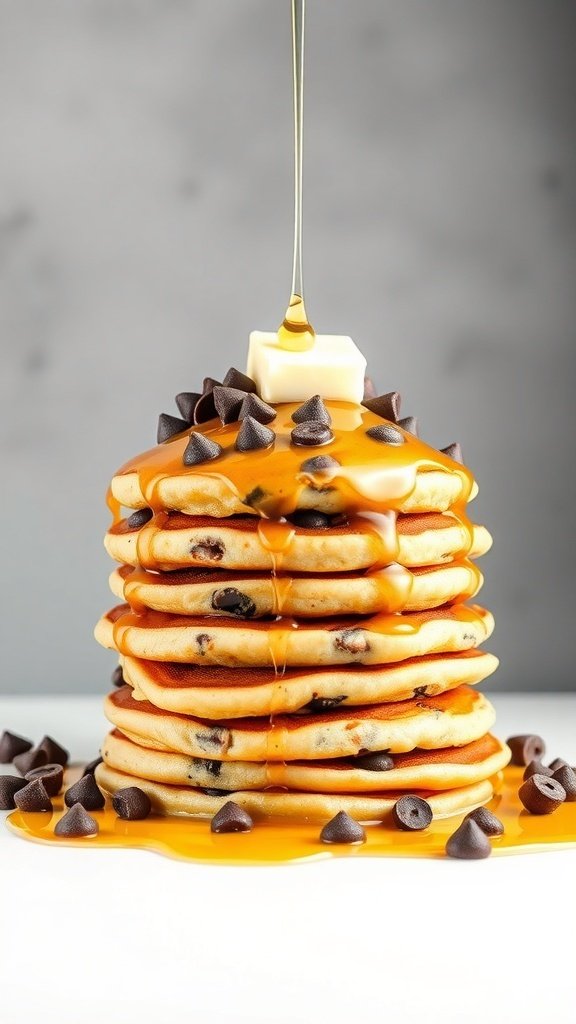 A tall stack of chocolate chip pancakes with syrup and butter on top.