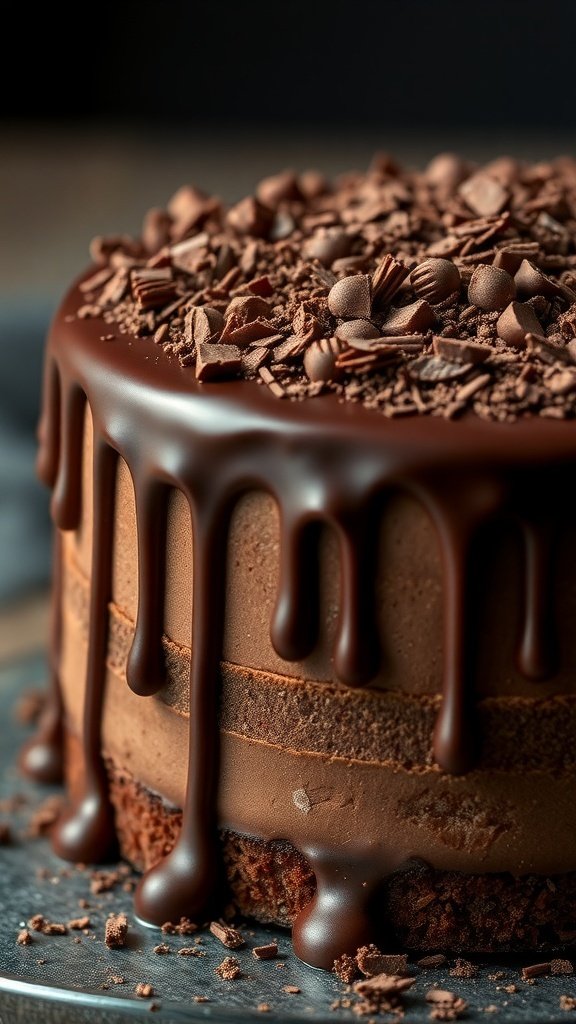 A close-up of a chocolate drip cake with glossy ganache and chocolate shavings on top.