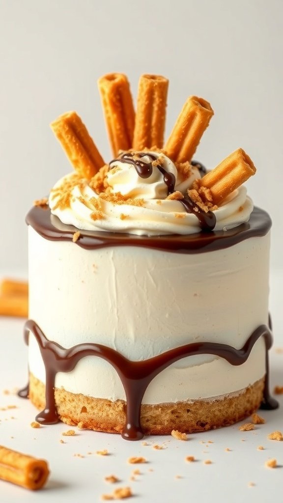 A beautifully decorated churro cake topped with churro sticks and chocolate drizzle.
