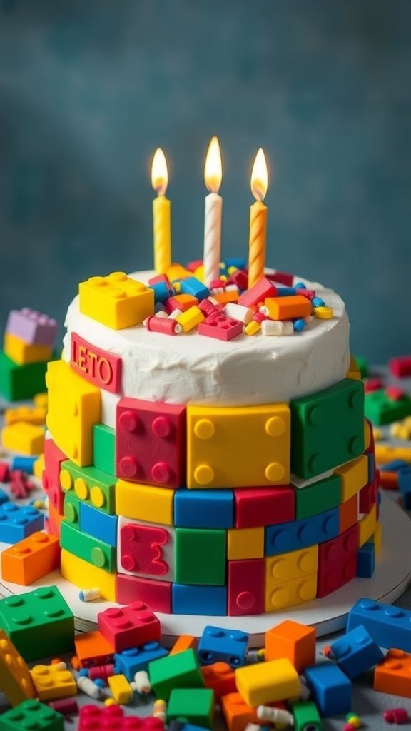 A colorful Lego Block Cake with three candles on top, surrounded by scattered Lego pieces.