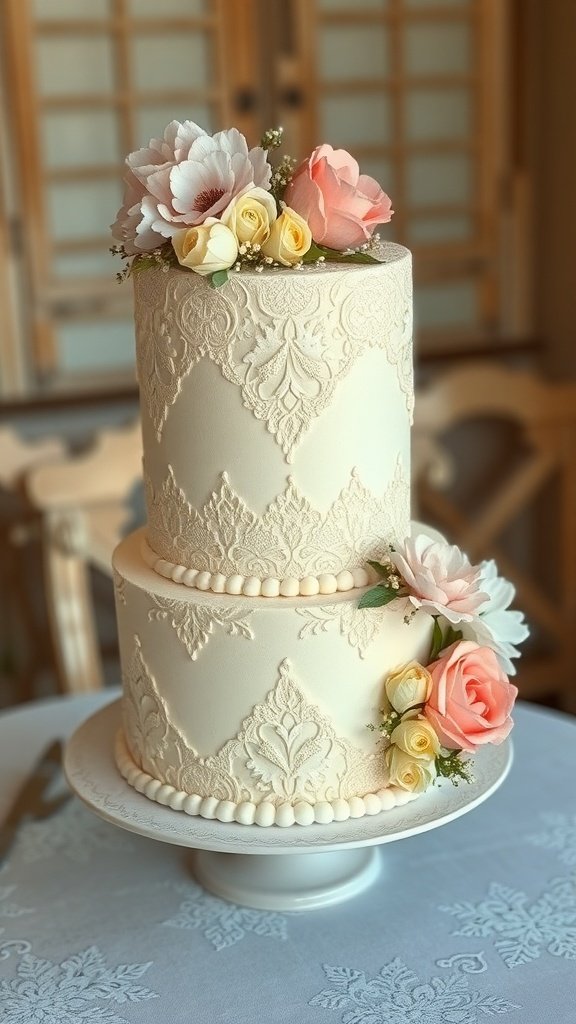 A two-tier vintage cake decorated with lace patterns and flowers, perfect for a tea party.