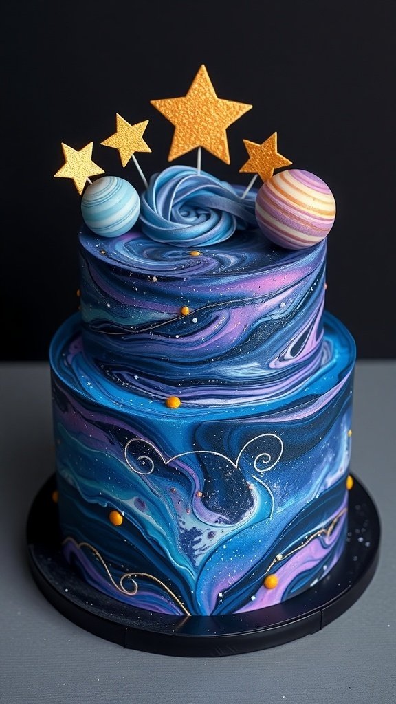 A galaxy-themed birthday cake with swirling blue and purple frosting, topped with colorful planets and golden stars.