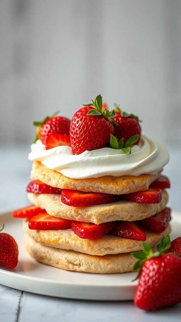 A stack of strawberry shortcake topped with fresh strawberries and whipped cream