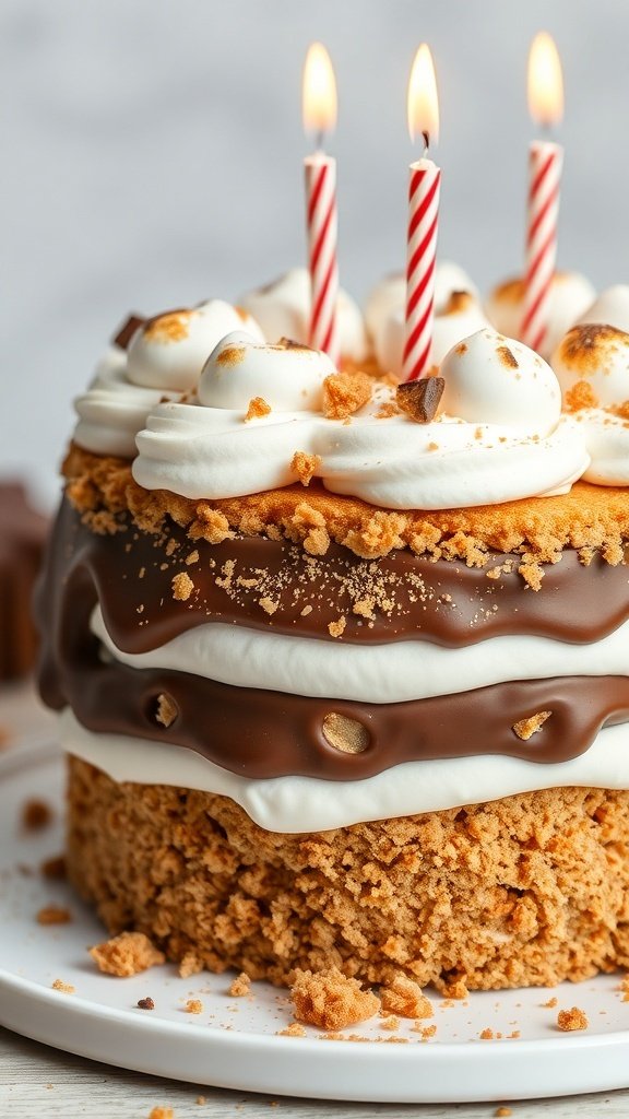 A s'mores inspired birthday cake with chocolate frosting, whipped cream, and toasted marshmallows, topped with three candles.
