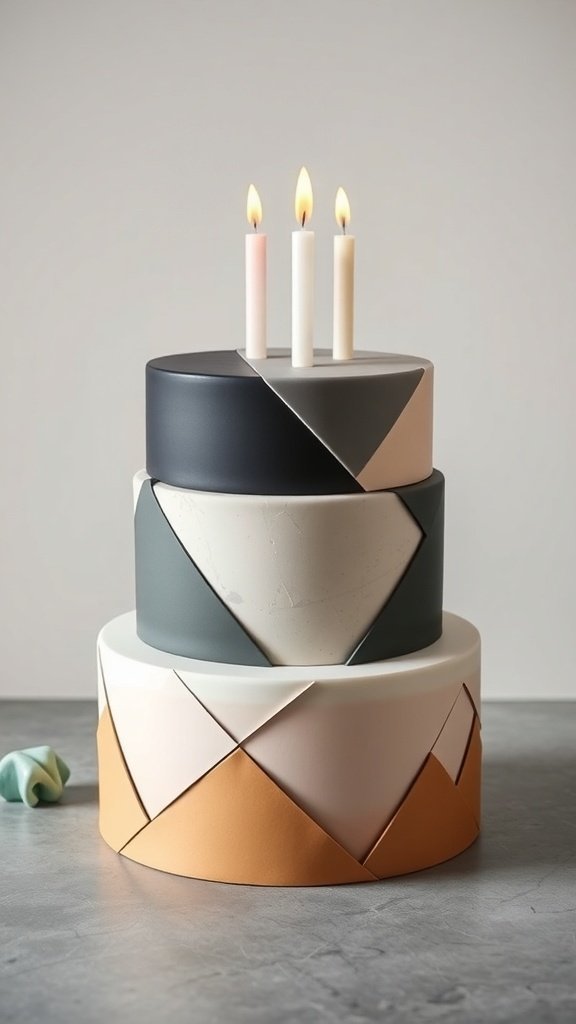 A minimalist birthday cake with geometric shapes in muted colors and three candles on top.