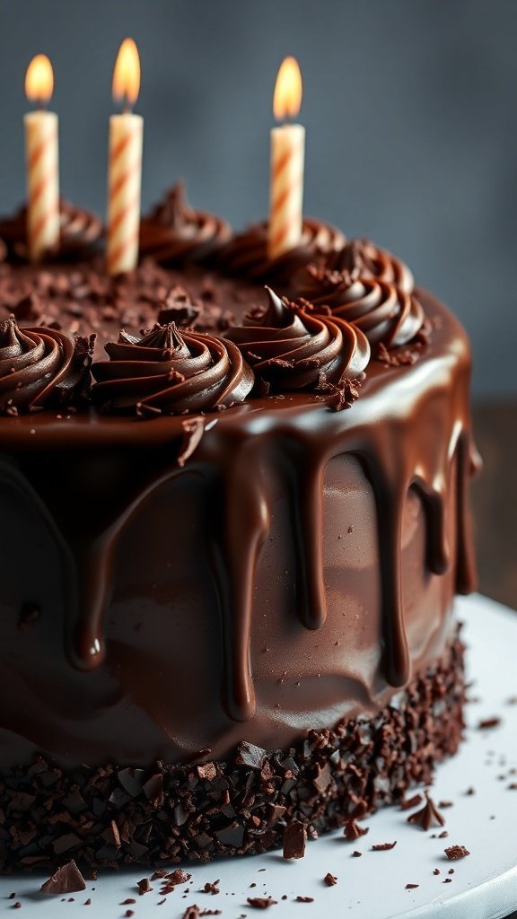 A chocolate ganache birthday cake with three candles on top, decorated with chocolate swirls and shavings.