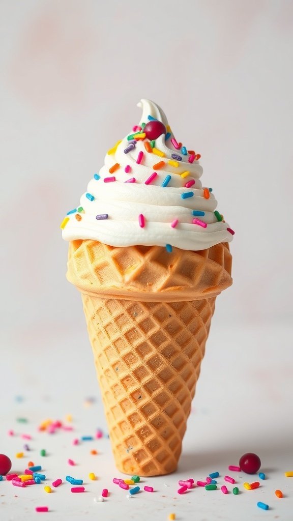 An ice cream cone cake topped with whipped cream, colorful sprinkles, and a cherry.