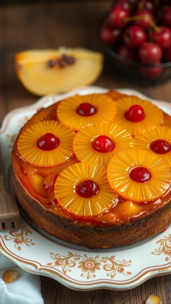 A beautifully decorated pineapple upside-down cake with pineapple rings and cherries on top, placed on a decorative plate.