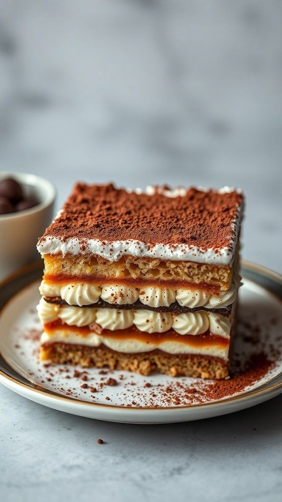 A slice of tiramisu cake with cocoa dusting on a plate, showcasing layers of cream and sponge.