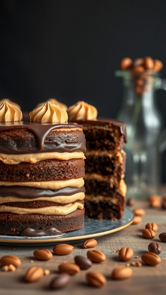 A layered chocolate peanut butter cake with chocolate frosting and peanut butter cream swirls on top, surrounded by coffee beans.