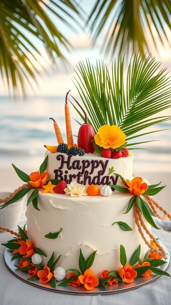 A beautifully decorated two-tiered birthday cake with tropical fruits and flowers, set against a beach background.