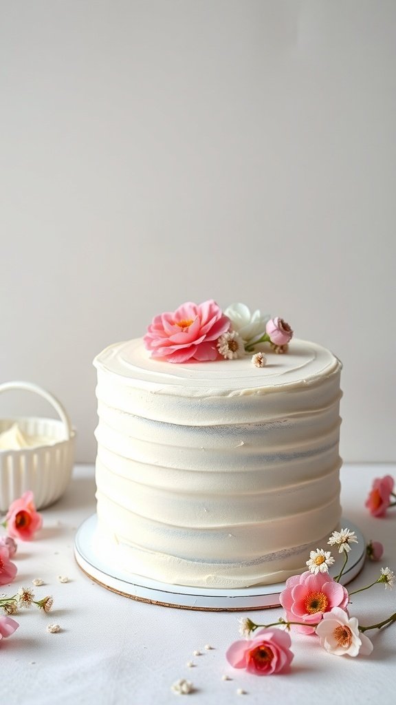 A classic vanilla bean cake decorated with pink flowers on top