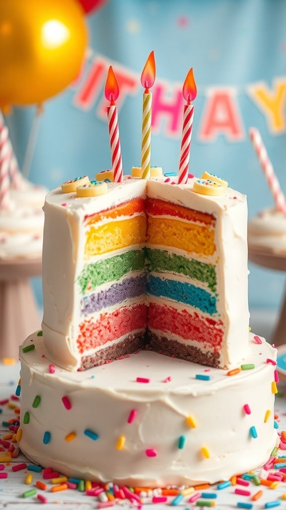 A colorful rainbow layer birthday cake with three candles on top, surrounded by sprinkles and a festive background.