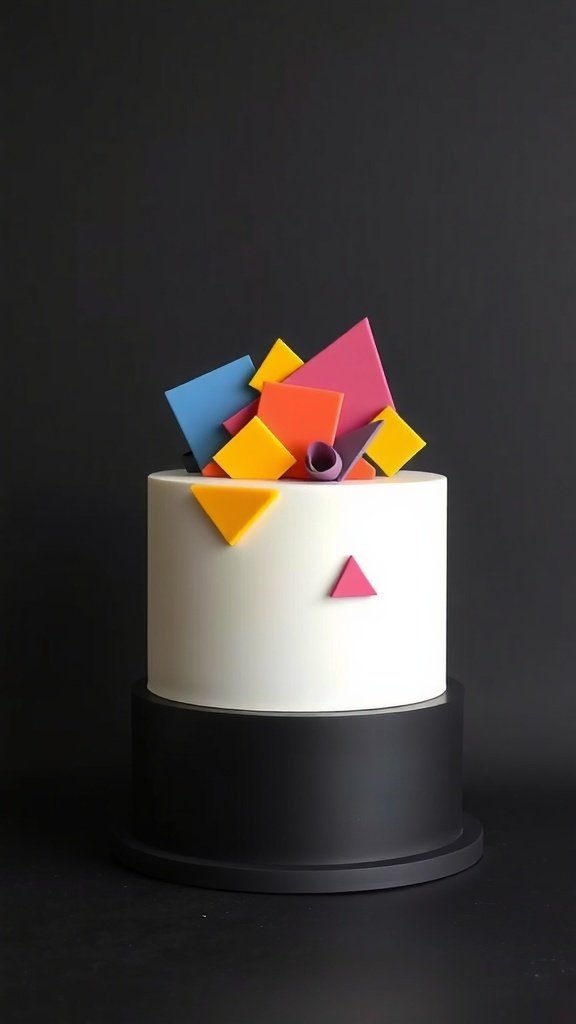 A modern cake with geometric fondant patterns in vibrant colors.