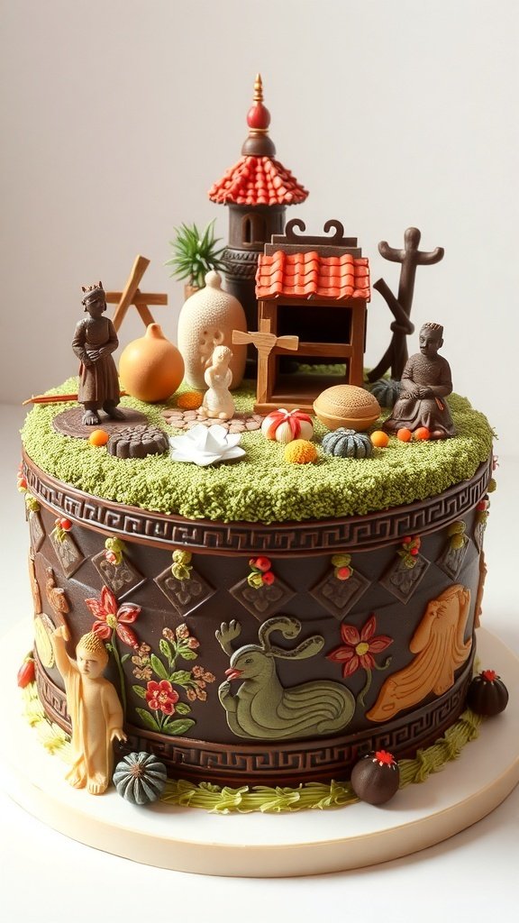 A beautifully designed cake featuring cultural elements, including figurines and intricate decorations.