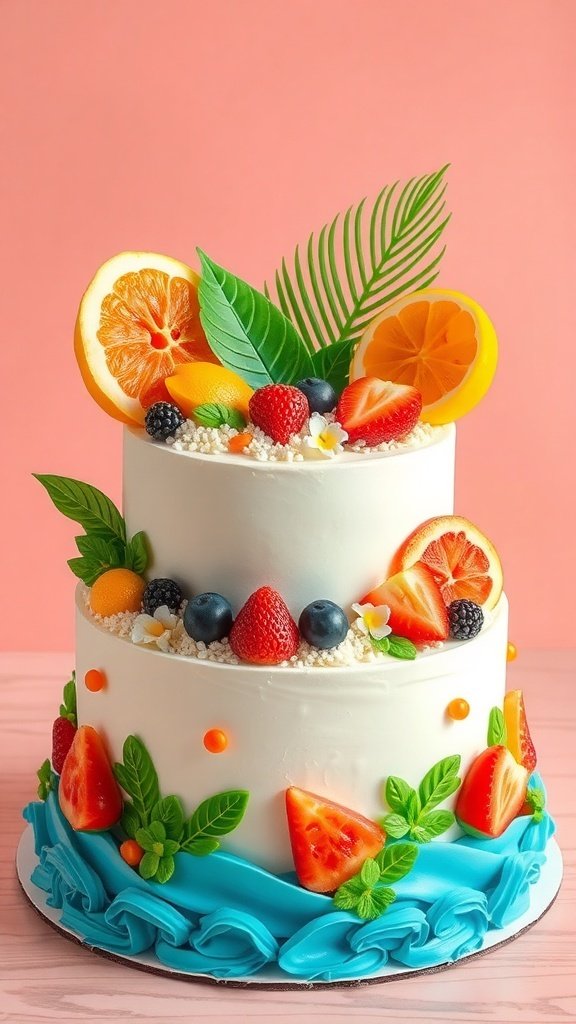 A vibrant two-tiered cake decorated with tropical fruits and blue icing, set against a pink background.