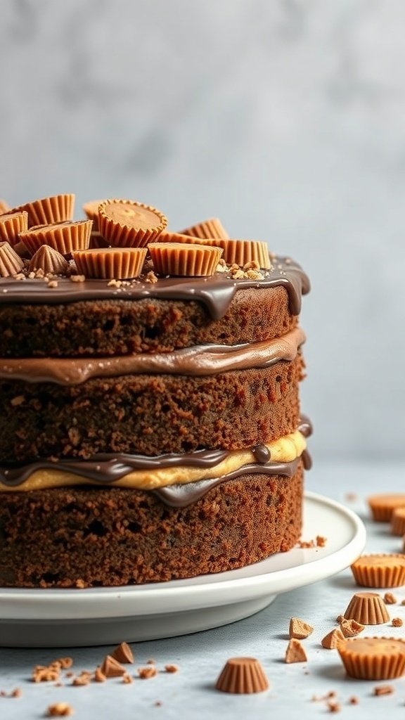 A delicious three-layer peanut butter cup cake topped with mini peanut butter cups and chocolate frosting.