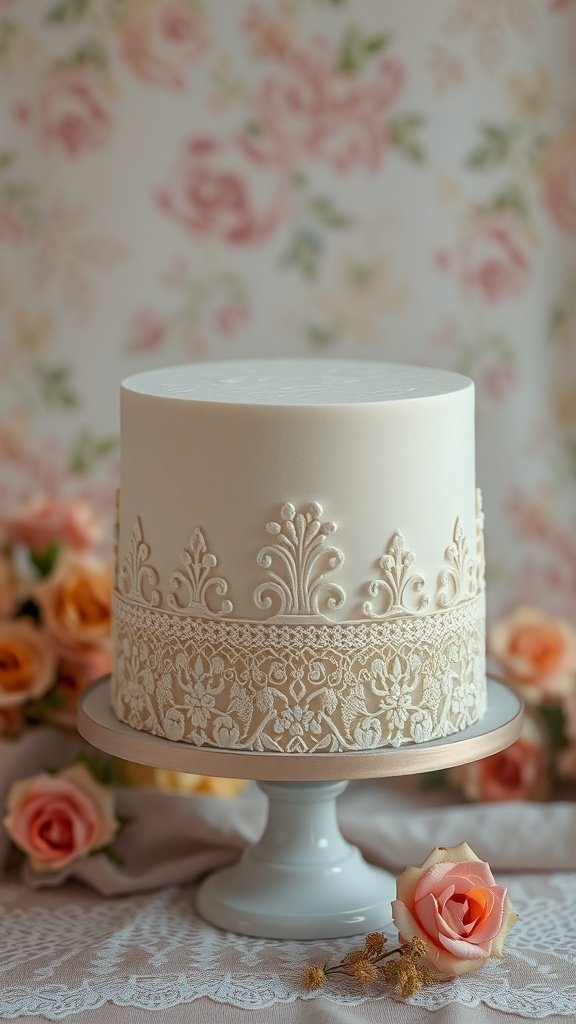 A vintage-style cake with lace detailing and pastel roses in the background.