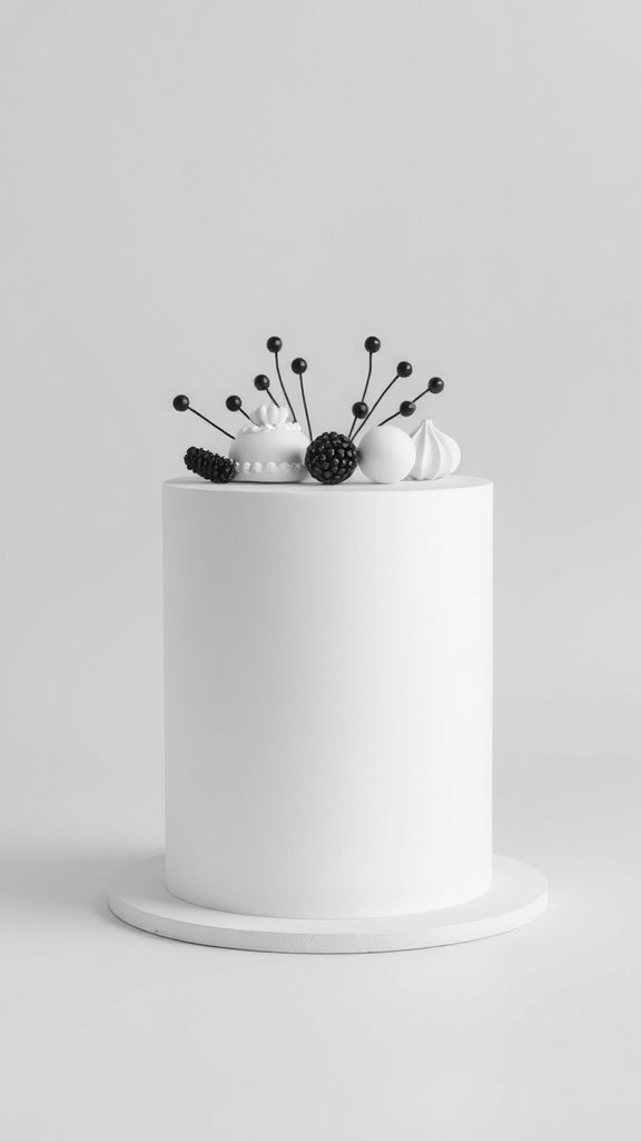 A minimalist white cake decorated with black accents and berries