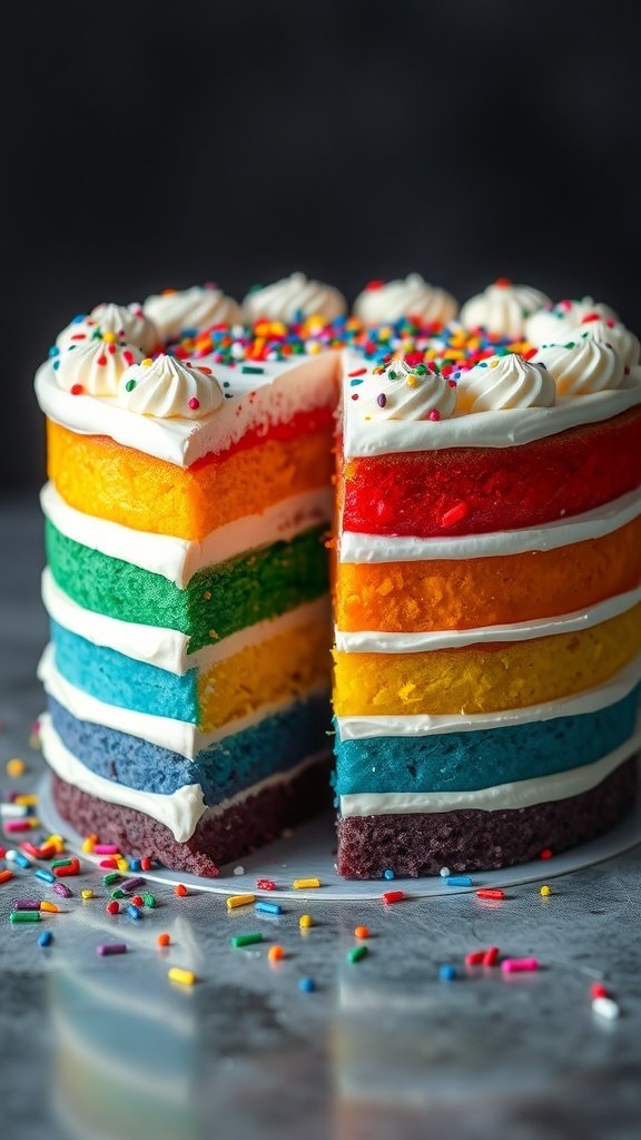 A colorful rainbow layer cake with vibrant layers and sprinkles on top.