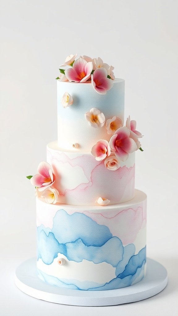 A three-tiered cake with watercolor design in blue and pink, decorated with flowers.