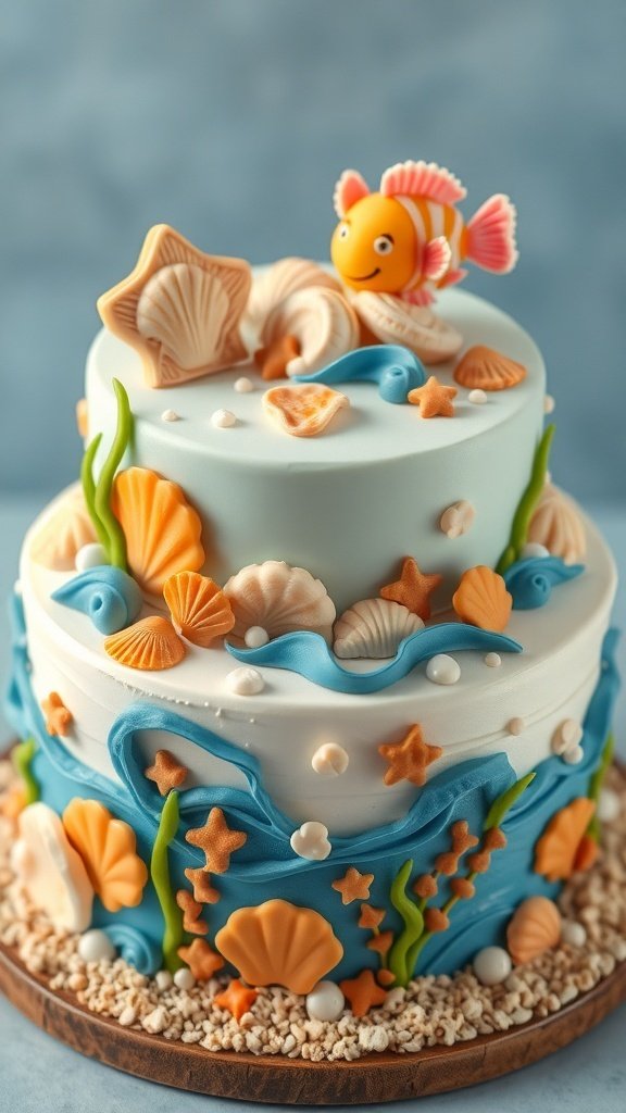 A beautifully decorated Under the Sea Cake with seashells, starfish, and a fish on top.