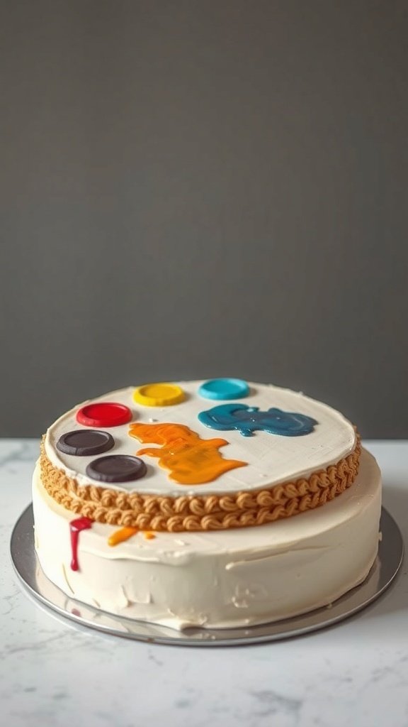 A cake designed to look like an artist's palette, featuring colorful icing blobs on top.