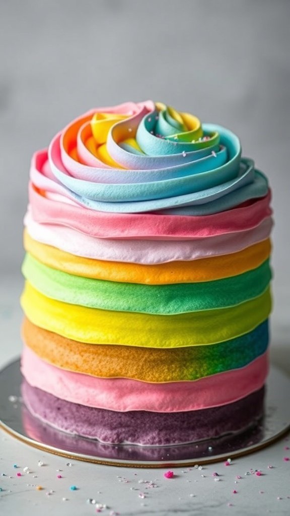 A colorful Rainbow Ombre Cake with layers of vibrant frosting.