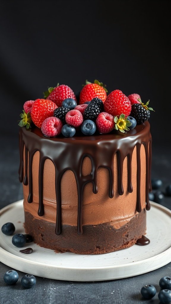 A chocolate ganache drip cake topped with fresh berries.
