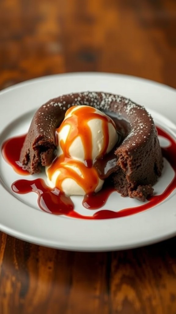 A chocolate lava cake with a melting center, served with vanilla ice cream and drizzled with caramel and berry sauce.