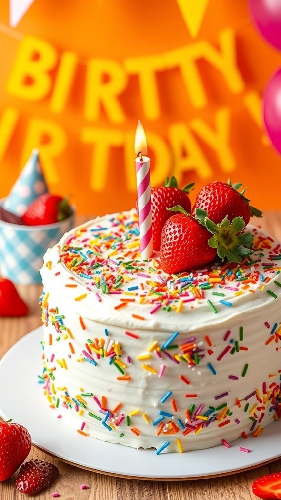 A colorful birthday cake topped with strawberries and sprinkles, with a candle and festive decorations in the background.