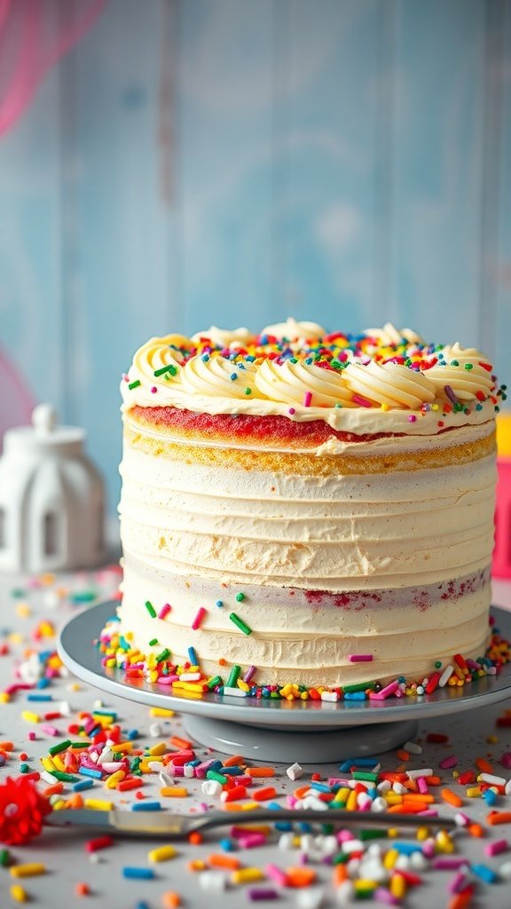 A colorful rainbow layer cake topped with sprinkles, set against a cheerful background.