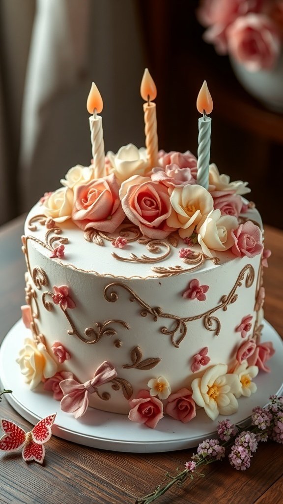 A beautifully decorated birthday cake with vintage floral accents and candles on top.