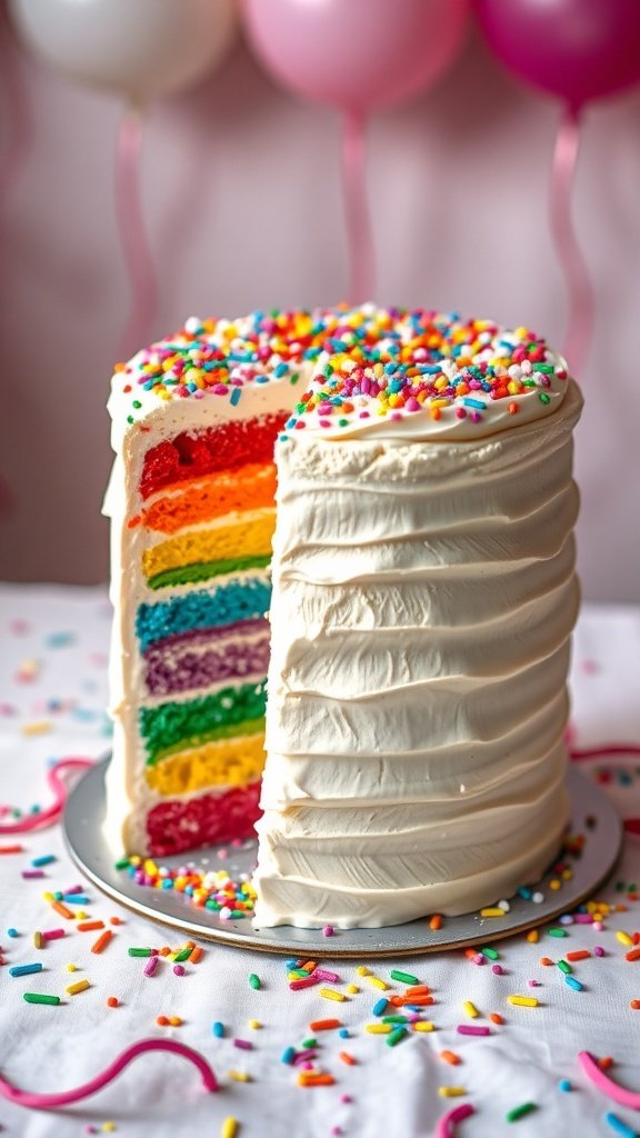 A colorful rainbow layer cake with a slice cut out, showing vibrant layers of red, orange, yellow, green, blue, and purple, topped with sprinkles.
