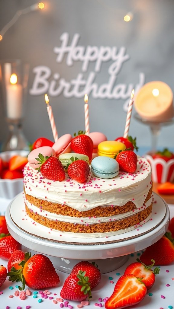 A strawberry birthday cake decorated with macarons and fresh strawberries, featuring birthday candles.